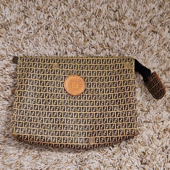 Vintage Fendi Zucchino Canvas Monogram Pouch in Black and Tan
